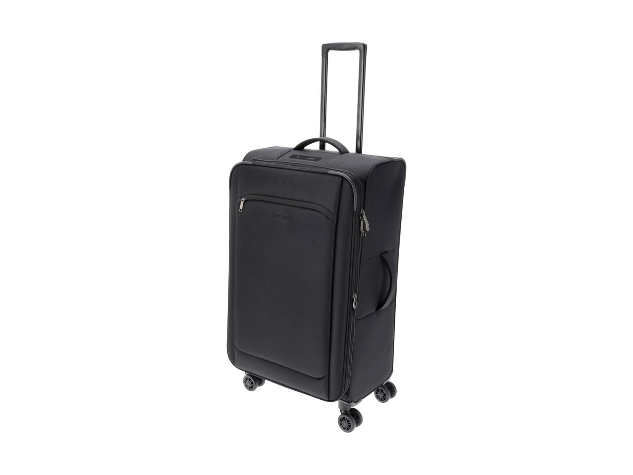 Black soft-sided suitcase with an extended telescopic handle and four spinner wheels.