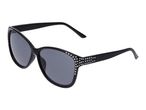 Black cat-eye sunglasses with dark lenses and rhinestone embellishments on the frames.