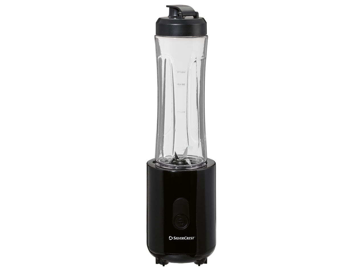 A black SilverCrest personal blender with a clear plastic cup.