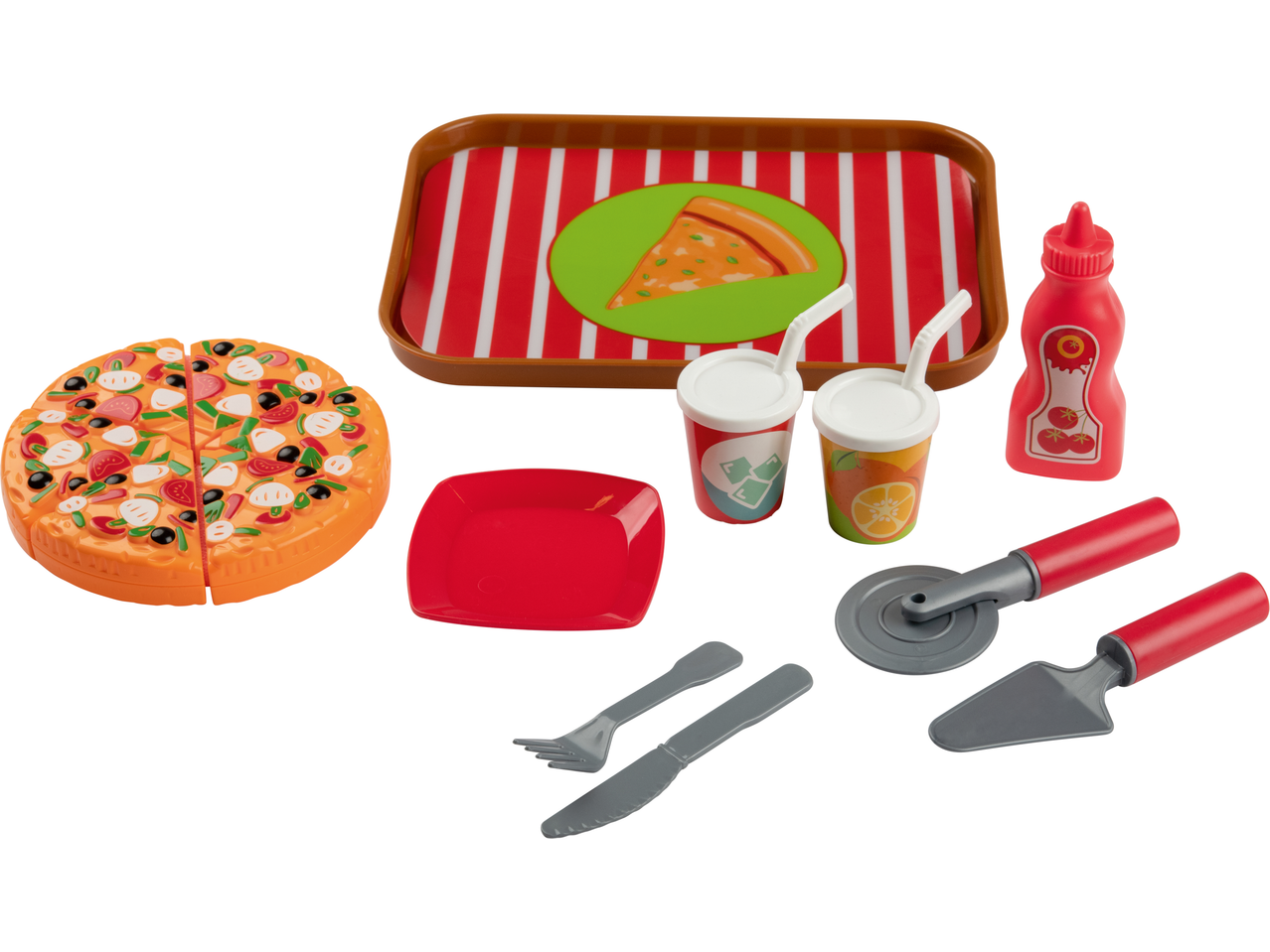 Mängukomplekt pitsa, jookide, taldriku, söögiriistade ja serveerimisvahenditega kandikul.