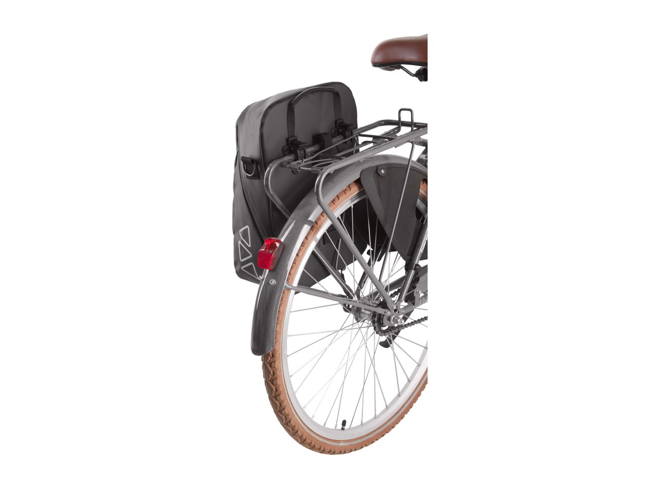 Rear view of a bicycle with a brown seat, a black pannier bag, and a red reflector.