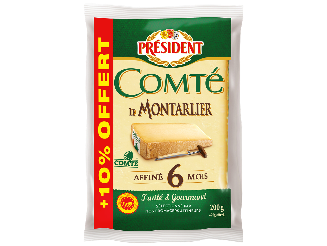 Paquet de Comté Le Montarlier, affiné 6 mois, fruité et gourmand, 200g + 20g offerts.