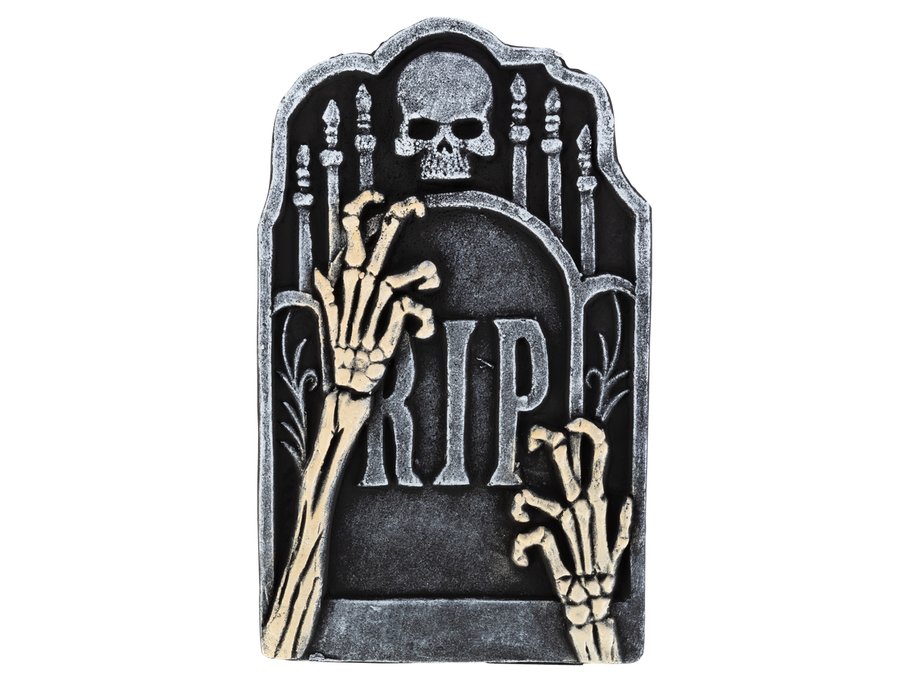 Halloween tombstone decoration with skeleton hands and a skull.