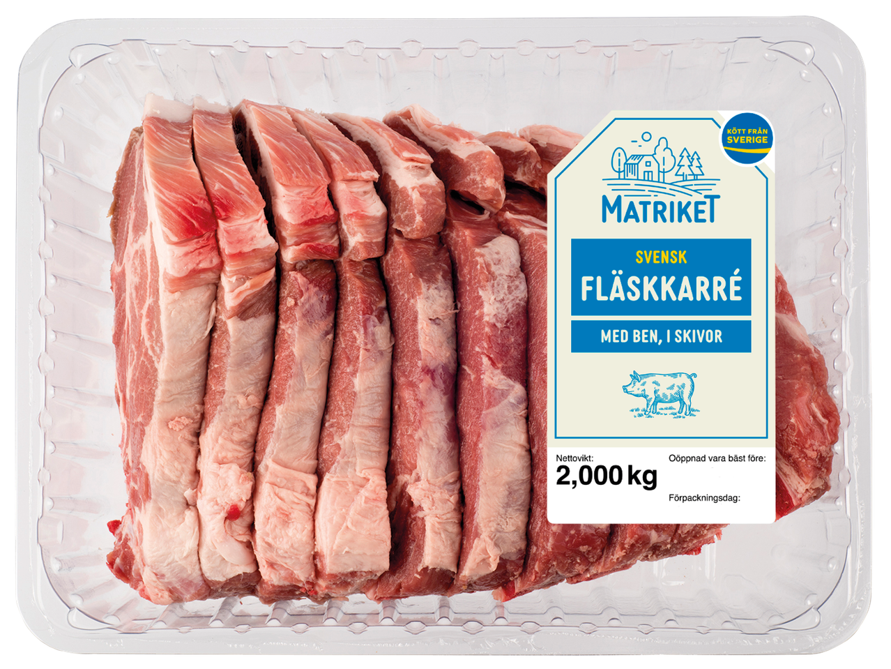 Matrikets svenska fläskkarré med ben, skivad, 2 kg.