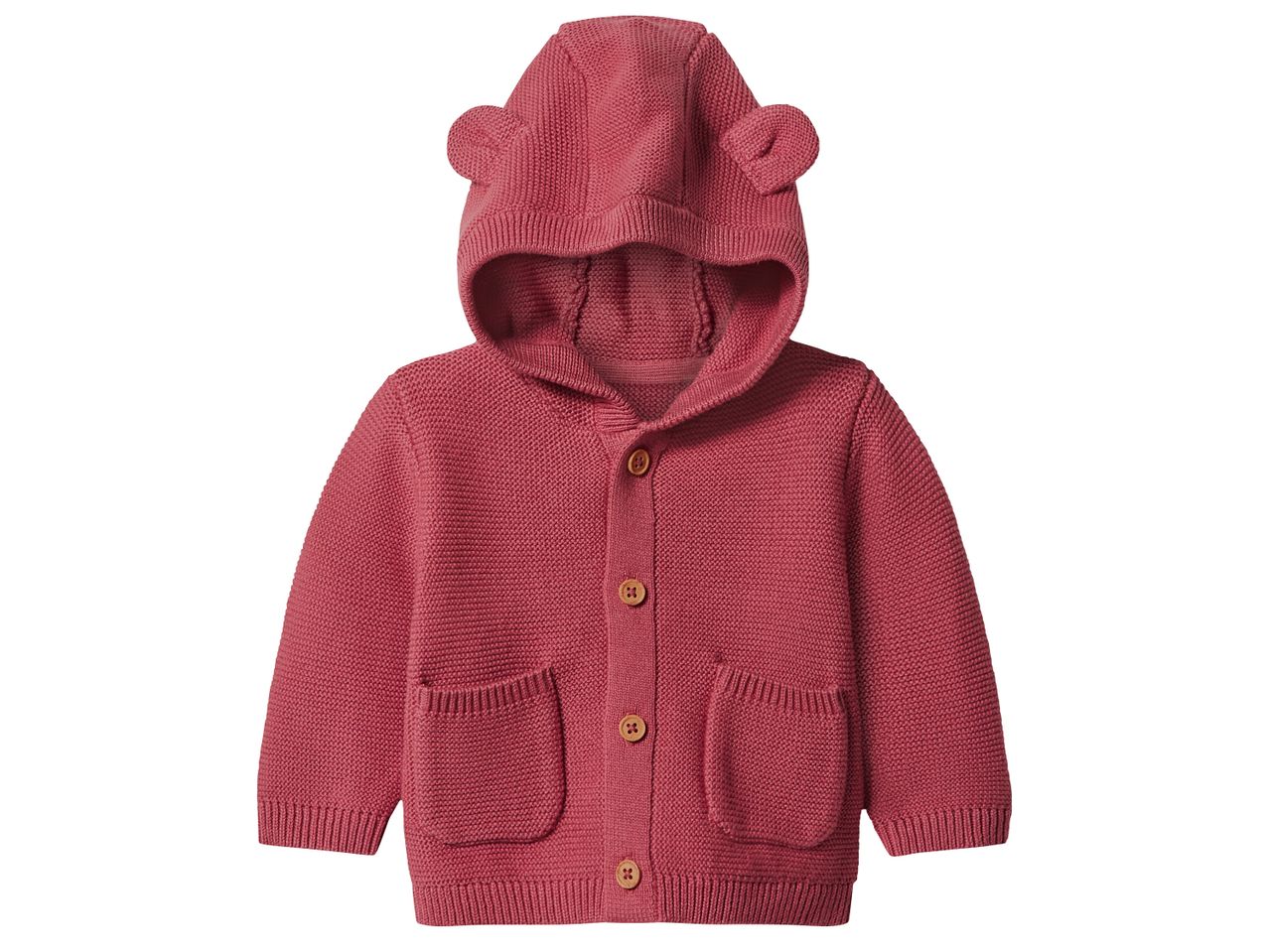 Бебешка плетена жилетка с качулка и ушички в цвят малина.