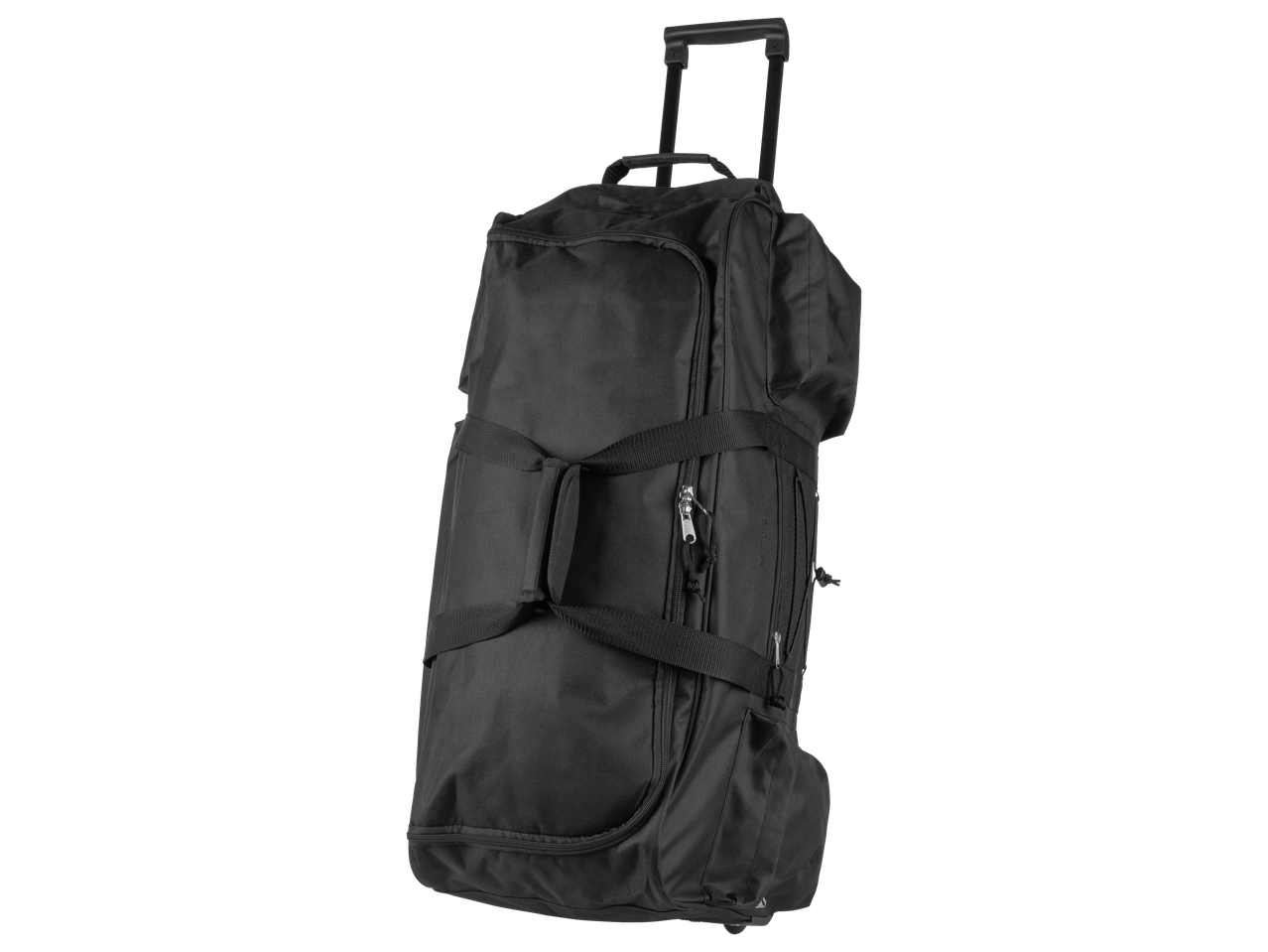 Esmara black wheeled holdall with an extendable handle and multiple zippered pockets.