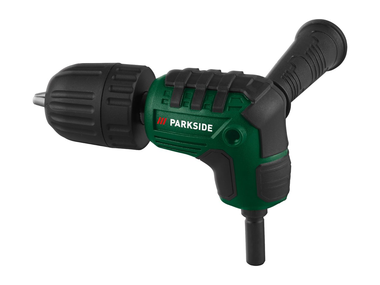 Right-angle drill attachment with keyless chuck and auxiliary handle