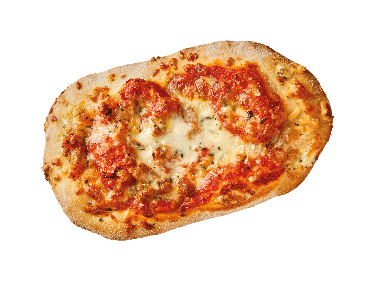 Pieni soikea pizza, jossa on tomaattikastiketta ja juustoa mustalla taustalla.