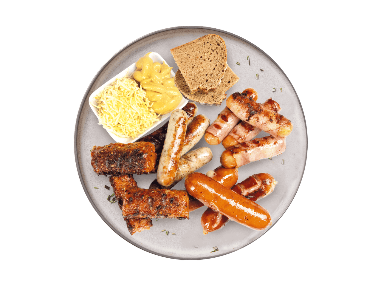 Teller mit verschiedenen Würstchen, Rippchen, Krautsalat, Senf und Brot.