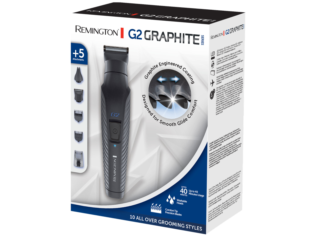 Grooming kit with multiple attachments, featuring graphite-engineered blades and 40 minutes of usage.