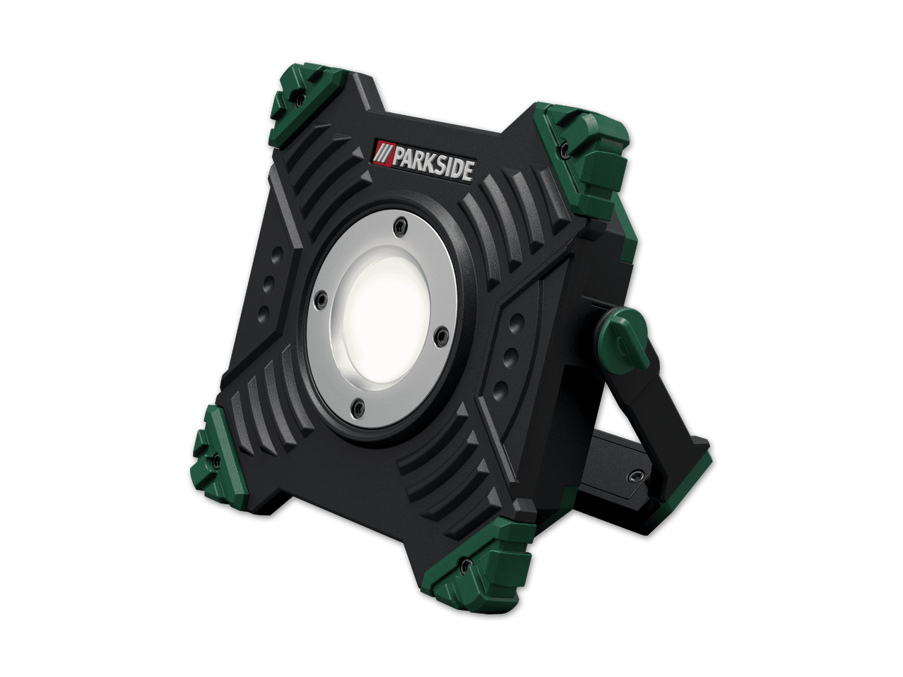 Schwarzer LED-Arbeitsscheinwerfer mit grünen Akzenten und verstellbarem Ständer