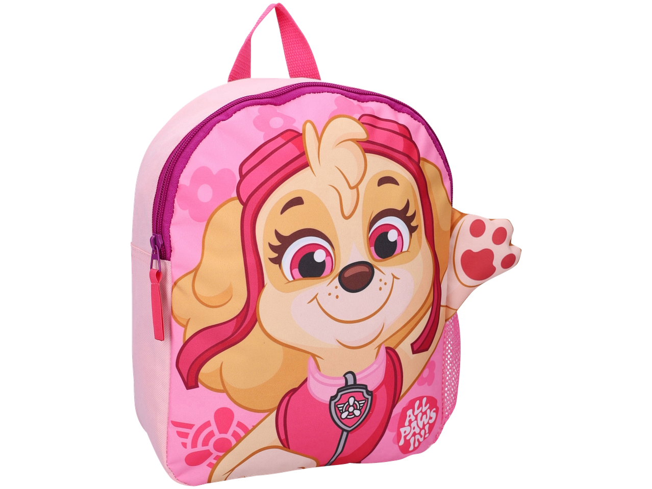 Ružičasti ranac Patrolne šape Skaj sa velikim printom lika i tekstom „ALL PAWS IN!“