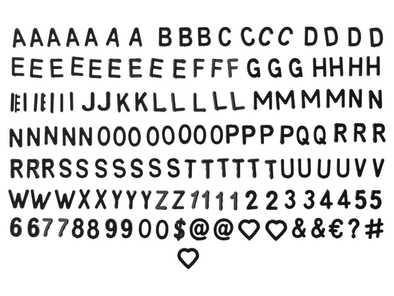 Letters, cijfers en symbolen in een 3D-stijl.