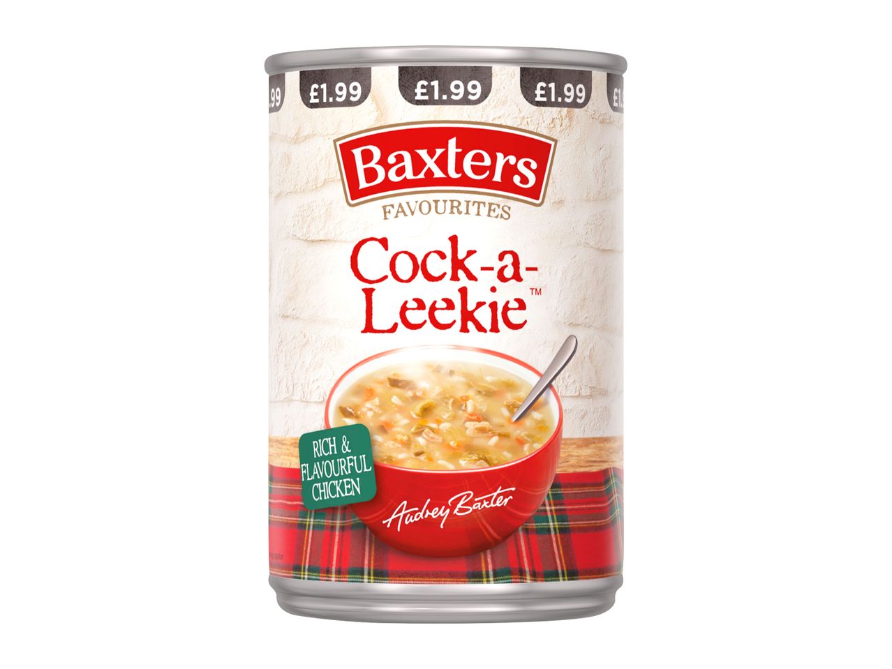A can of Baxters Favourites Cock-a-Leekie soup with a price of £1.99.