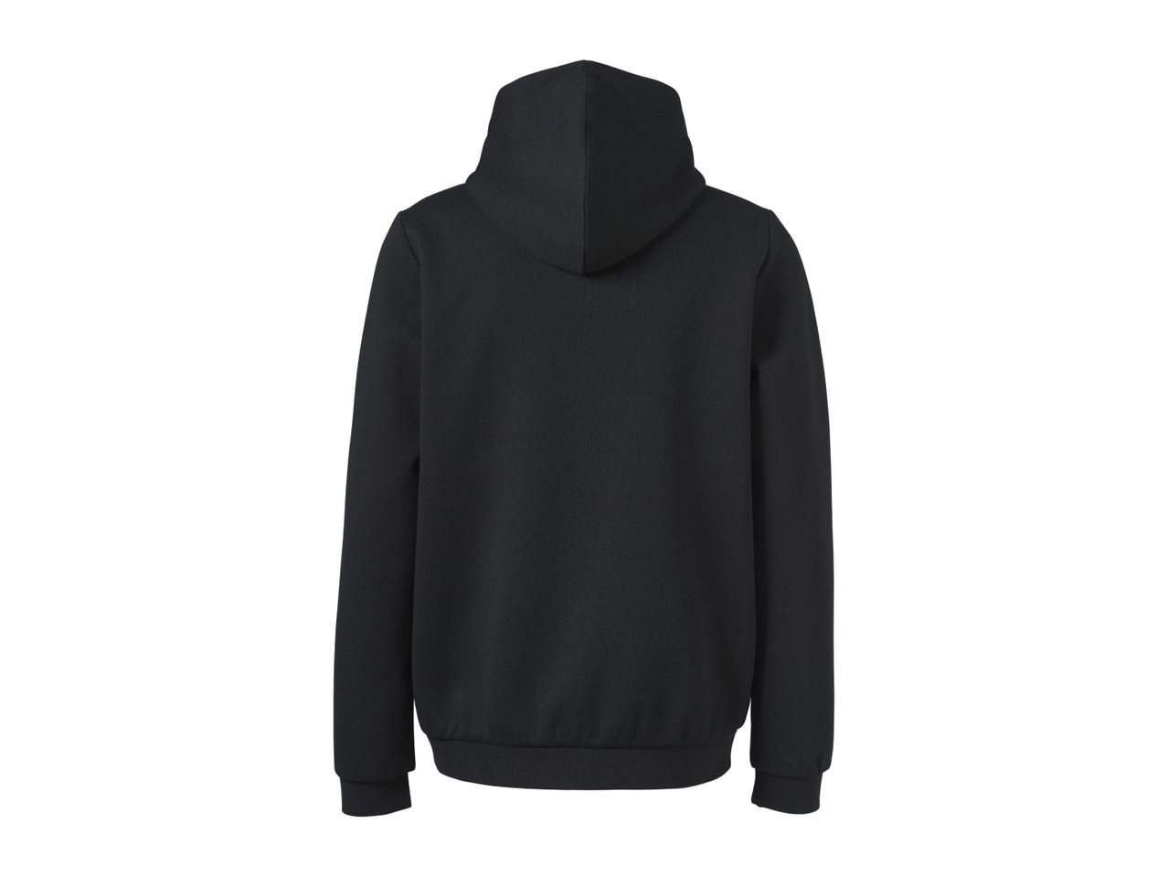 Back view of a plain black hoodie with a hood, long sleeves, and ribbed cuffs and hem.