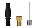 Three different air pump adapters: a black plastic nozzle, a brass adapter, and a needle valve.