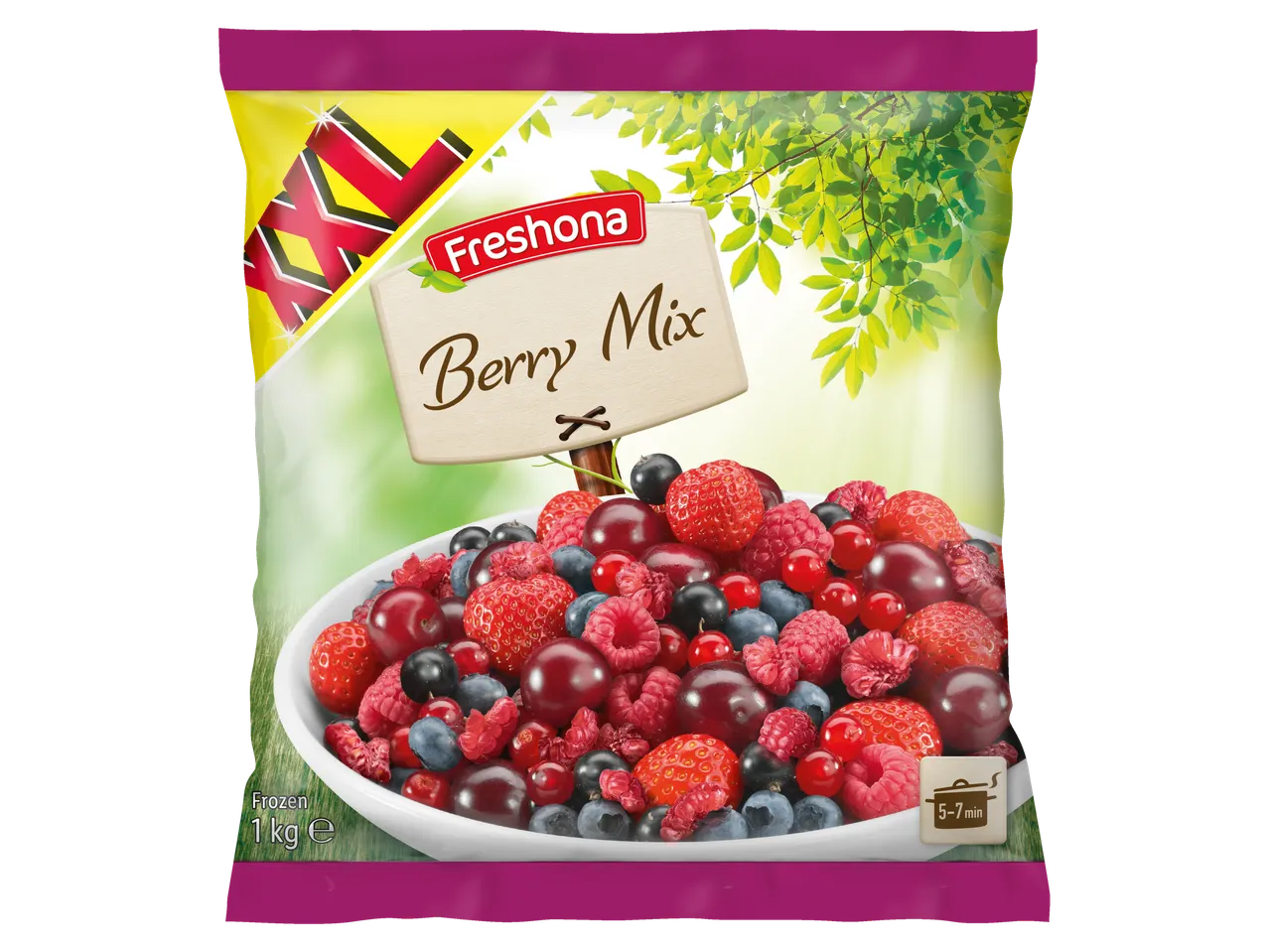 A bag of Freshoa Berry Mix frozen fruit, featuring strawberries, raspberries, blueberries, and cherries.