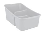 Light gray plastic storage bin with two compartments