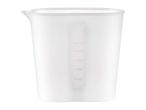 A clear plastic beaker with measurement markings.