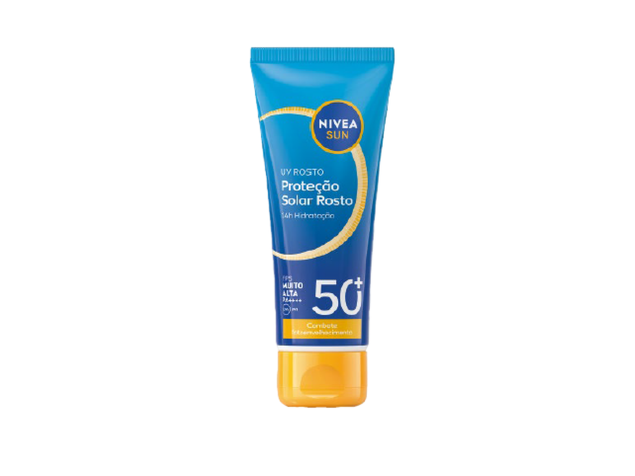 Um tubo de protetor solar facial com FPS 50+ e hidratação de 14h.