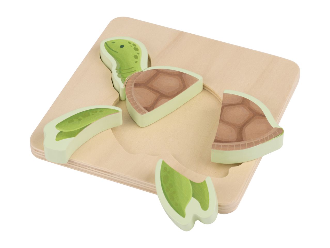 Wooden turtle puzzle with several pieces removed from the board.