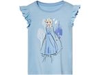 Maglietta azzurra per bambina con stampa di Elsa di Frozen, alberi e castello.