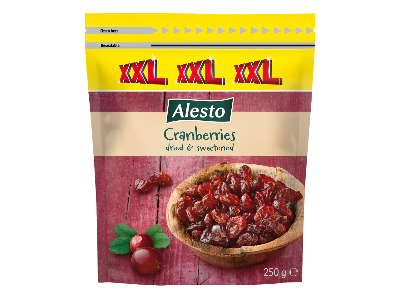 Sachet de canneberges séchées et sucrées, avec des baies fraîches et un bol de canneberges séchées.