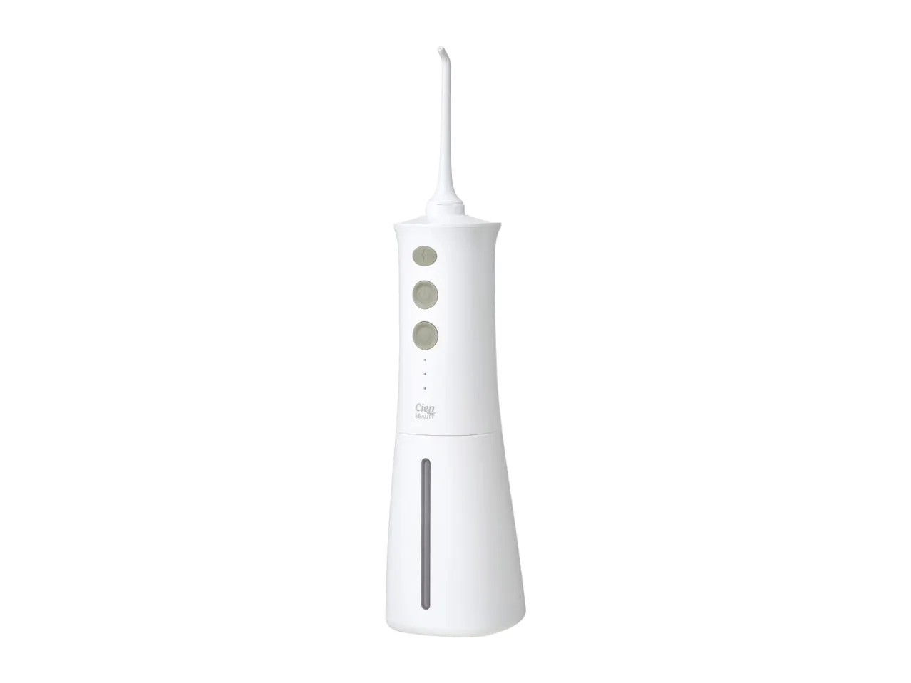 White portable water flosser with three buttons and a water level indicator.