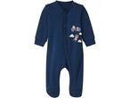 Navy blue baby romper with a teddy bear and balloons graphic.