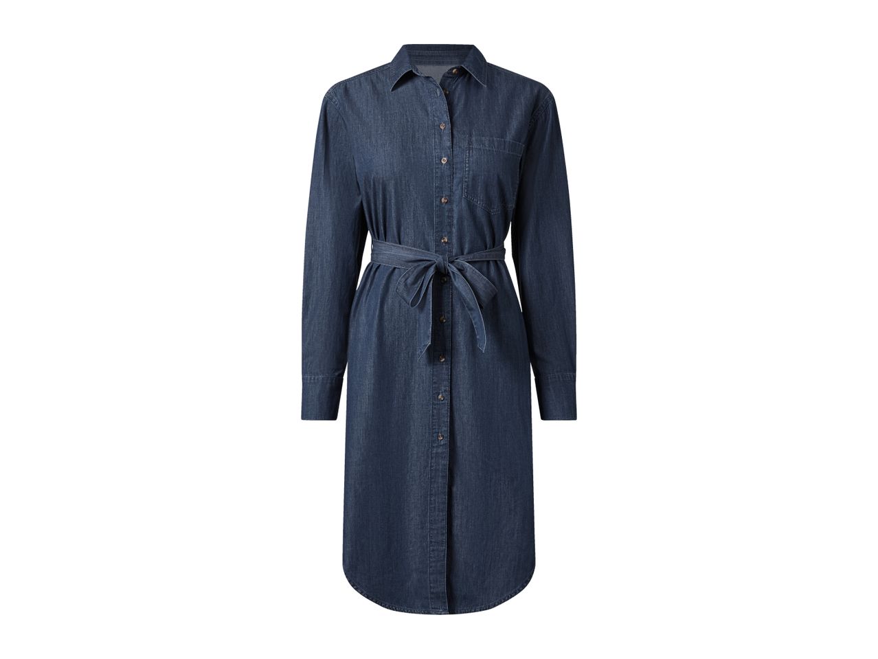 Dark blue denim shirt dress with a tie belt on a white background.