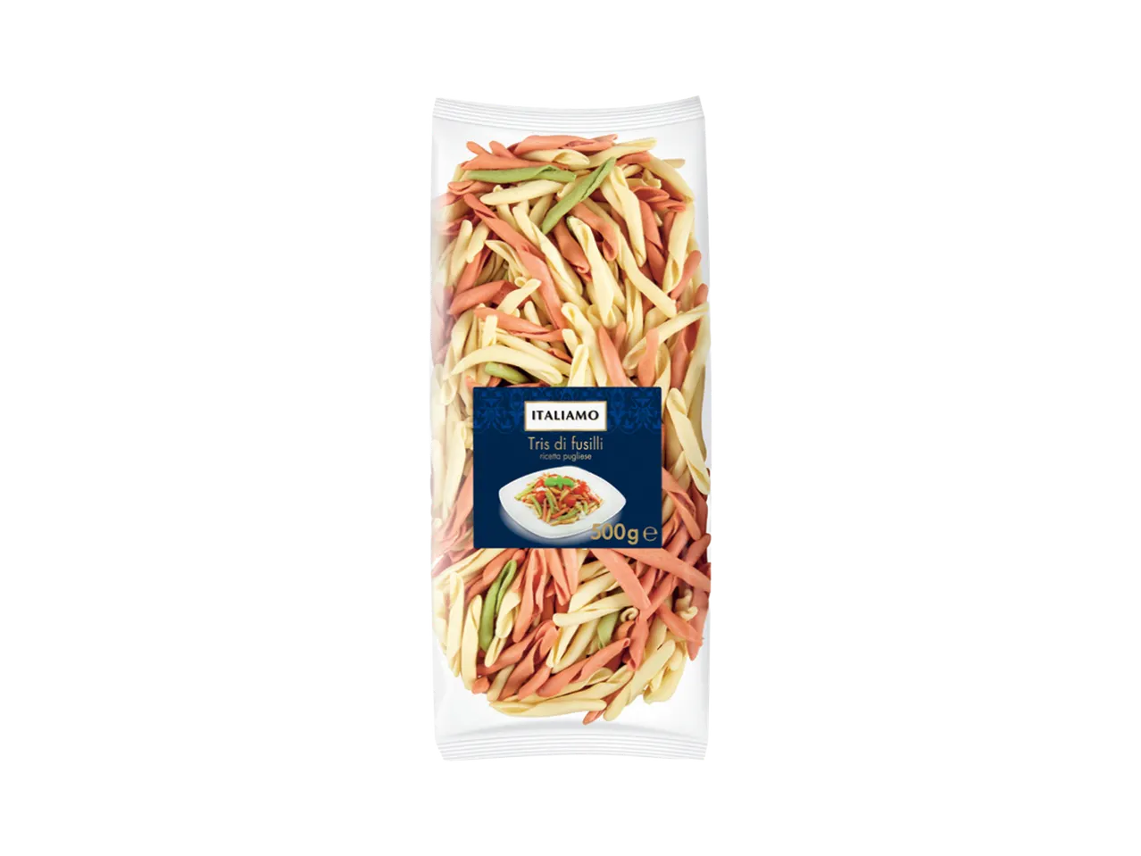 Pakovanje testenine u tri boje, fusili, sa natpisom 'Tris di fusilli' i slikom jela.