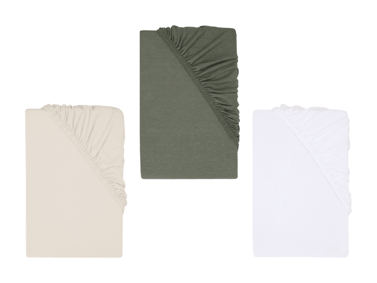 Drei Spannbettlaken in Grün, Weiß und Beige.