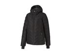 Black women's hooded puffer jacket with zipper and pockets.