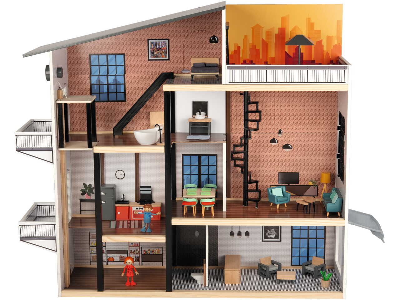 Playtive Wooden Doll House with multiple rooms, furniture, and two doll figures.
