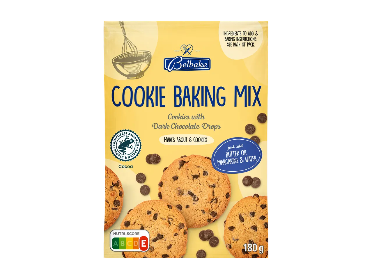 Mešanica za peko piškotov s temnimi čokoladnimi kapljicami, ki jih je treba dodati maslo ali margarino in vodo.