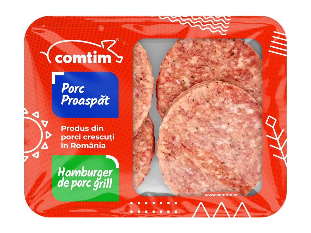 Ambalaj Comtim cu 3 chiftele de porc pre-gătite.