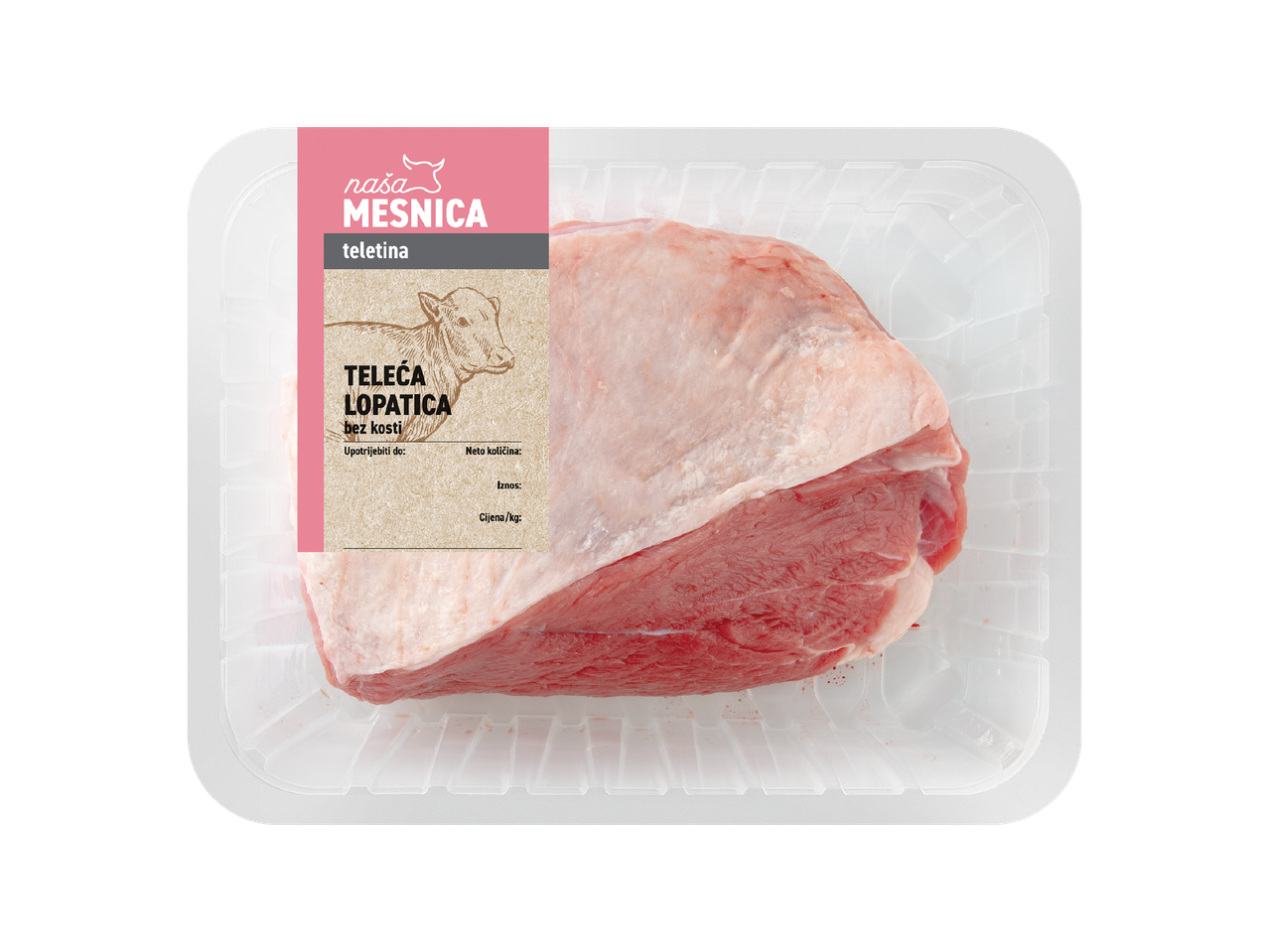 Naša Mesnica teleća lopatica bez kosti u prozirnom pakiranju.