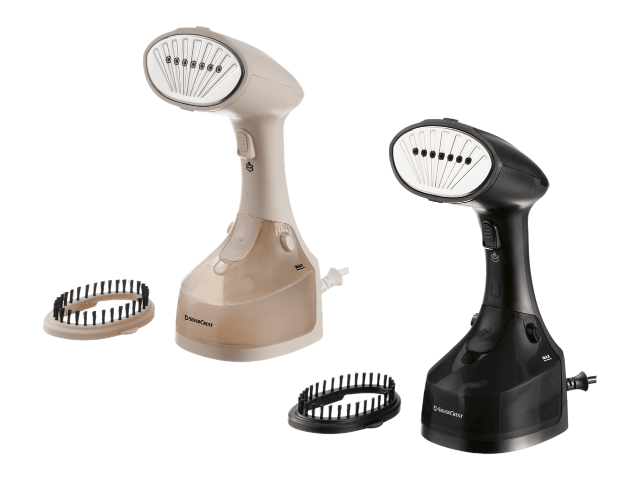 Kaksi SilverCrest-käsihöyrytintä, toinen beigenvärinen ja toinen musta, harjalisäosilla.