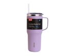 A purple, stainless steel travel mug with a handle and straw.