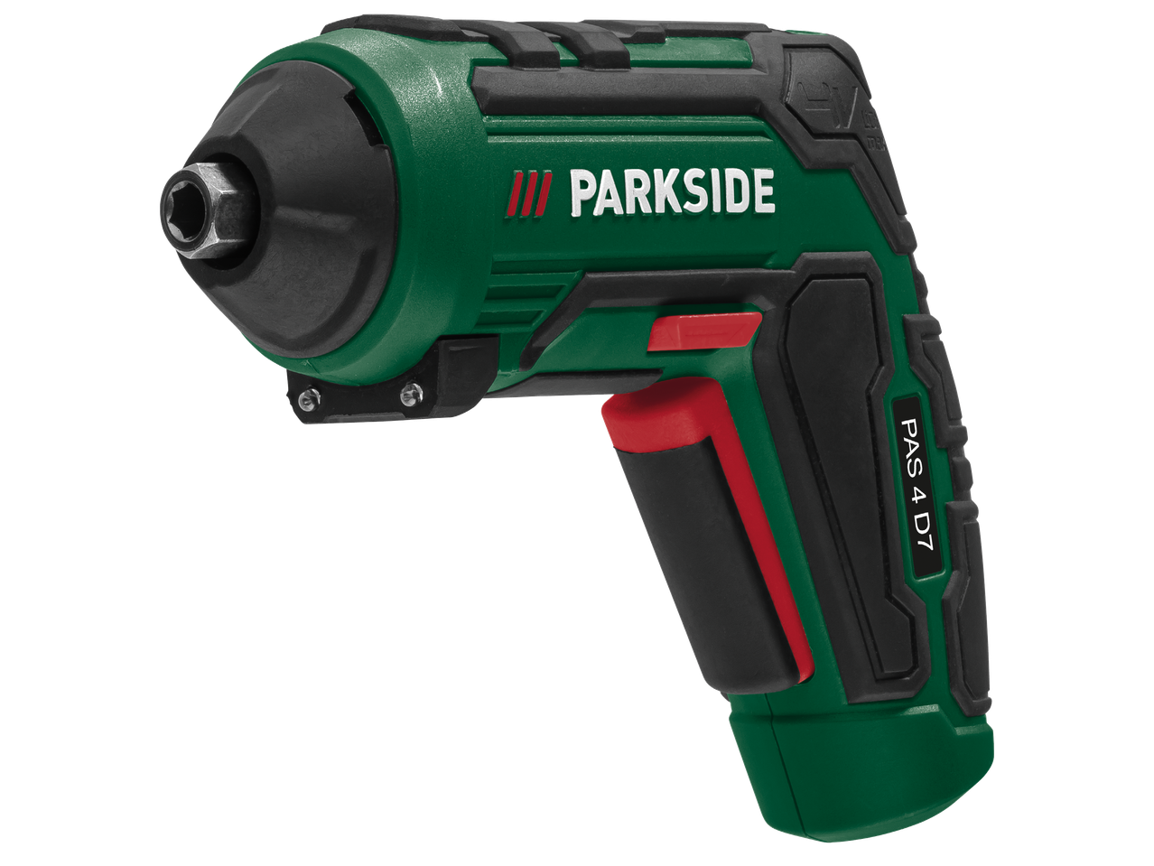 Зелен акумулаторен винтоверт Parkside PAS 4 D7 с черни и червени акценти