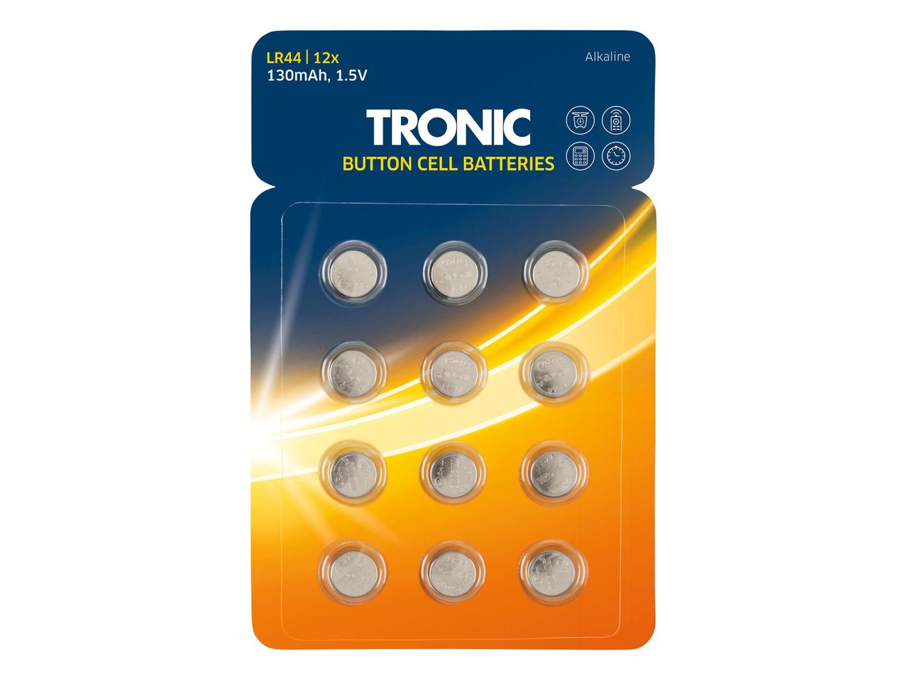 12 db TRONIC LR44 gombelem alkalikus, 1,5 V-os feszültséggel.