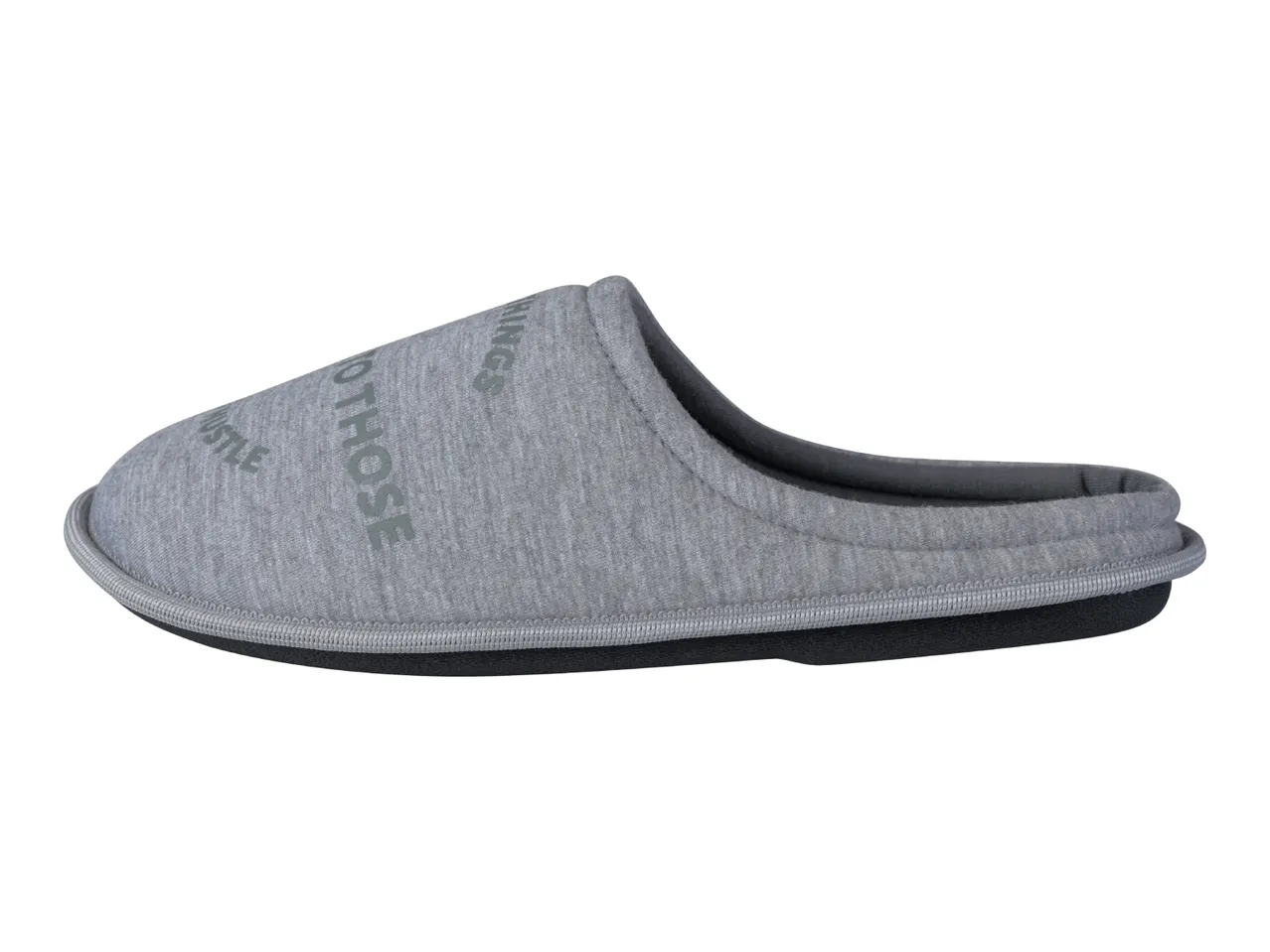 A grey slipper with the words 'HUSTLE' and 'THINGS' printed on it.