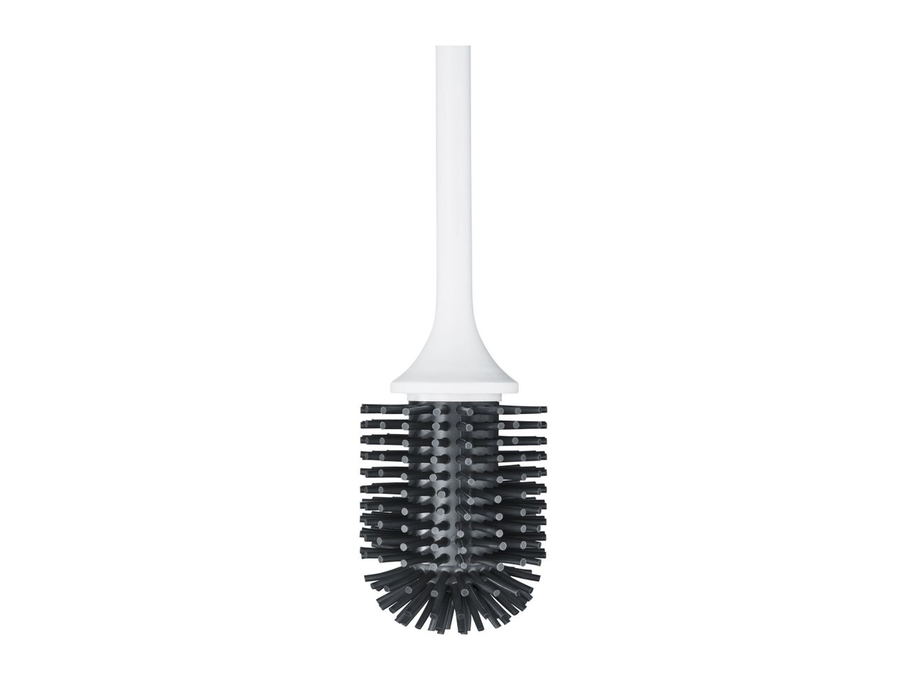 A white-handled round hairbrush with black bristles.