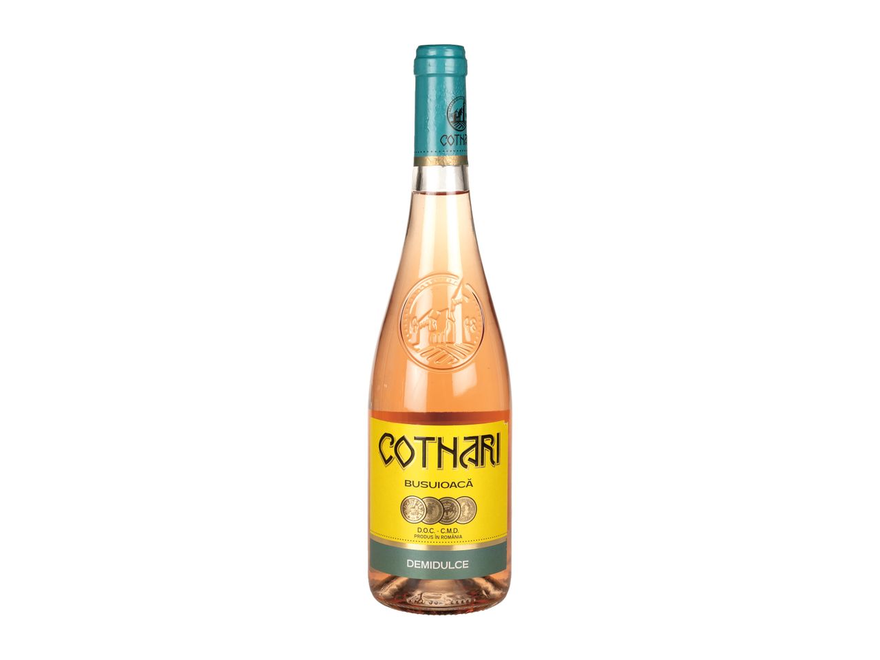 O sticlă de vin rosé Cothari.
