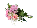 Delicado buquê de rosas, gérberas e crisântemos.