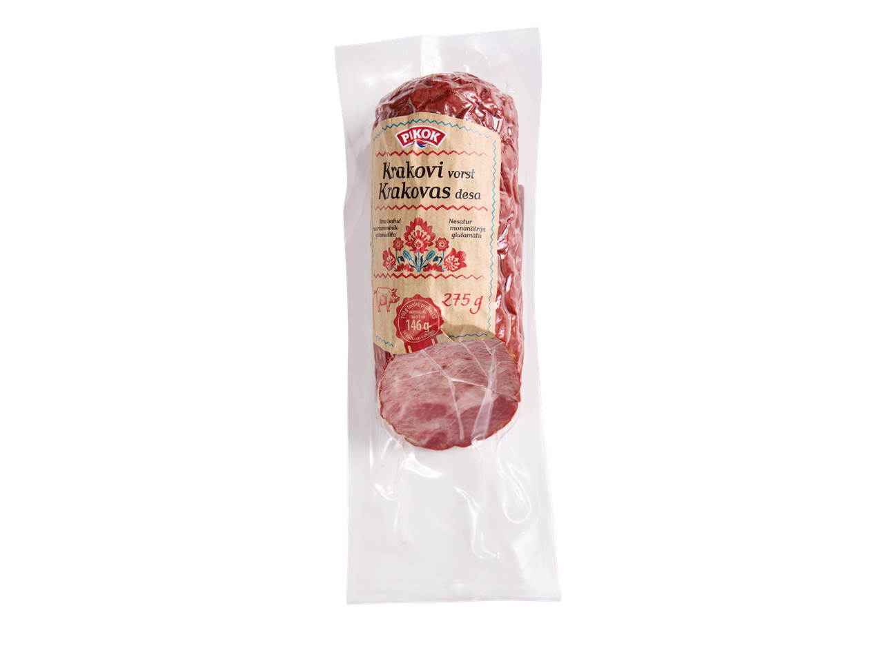 275 g Pikok zīmola Krakowska desa iepakojums.