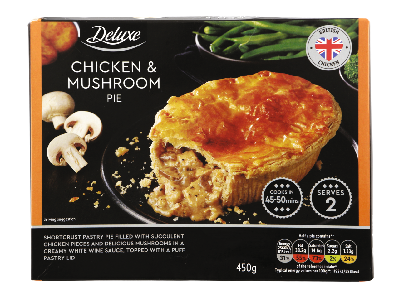Deluxe Chicken & Mushroom Pie, 450g, serves 2, cooks in 45-50 mins.