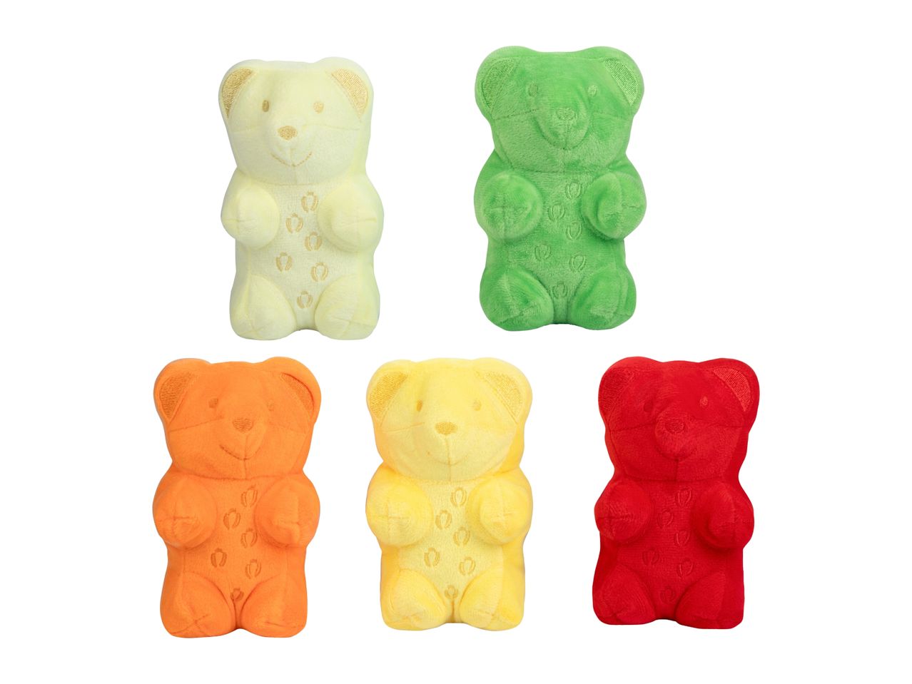 Five colorful gummy bear plush toys: yellow, green, orange, light yellow, and red.