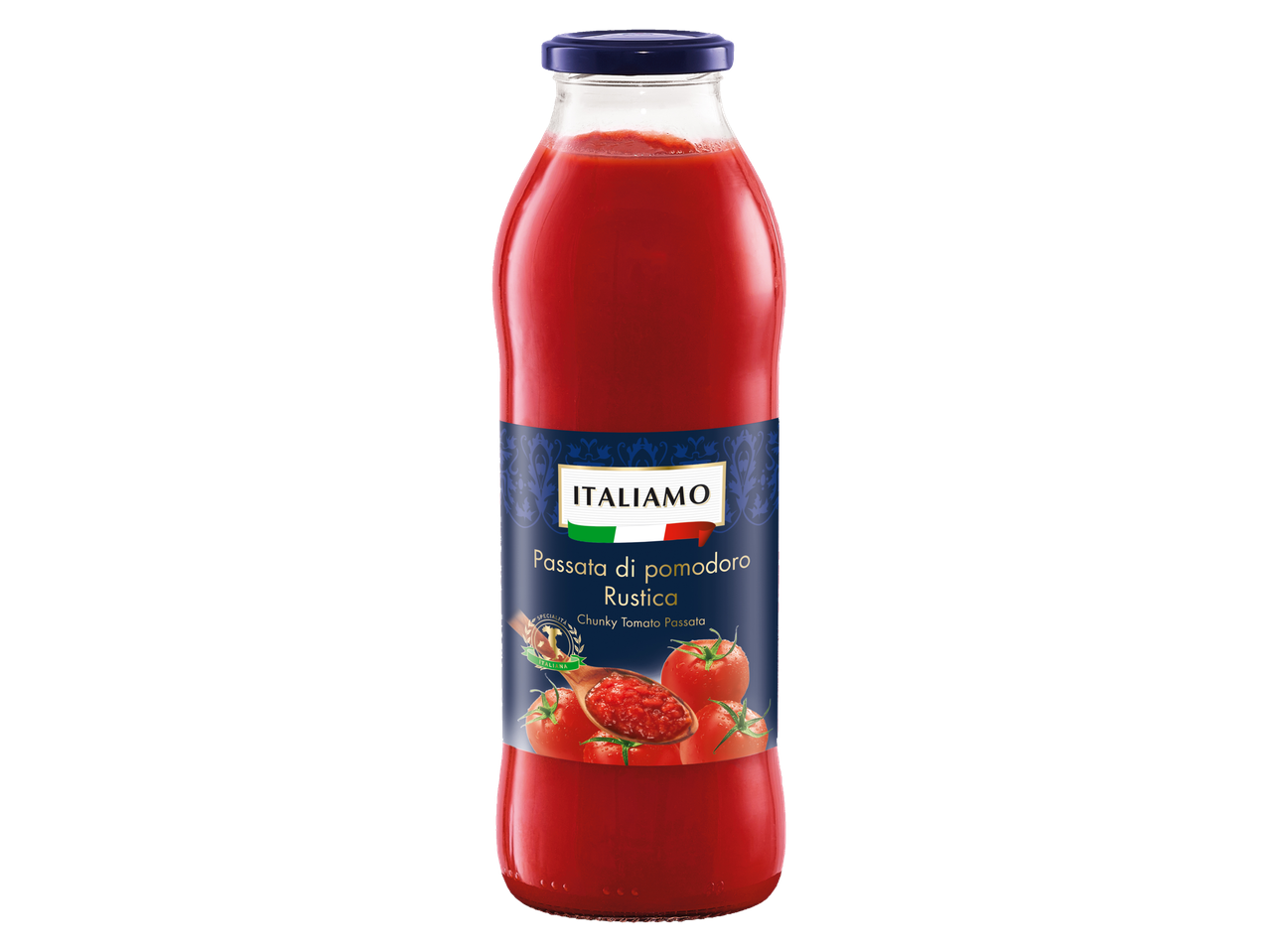 Passata de tomates Italimo Rustica en bouteille en verre.