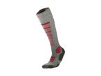 Grey and red ski sock with textured patterns and reinforced areas